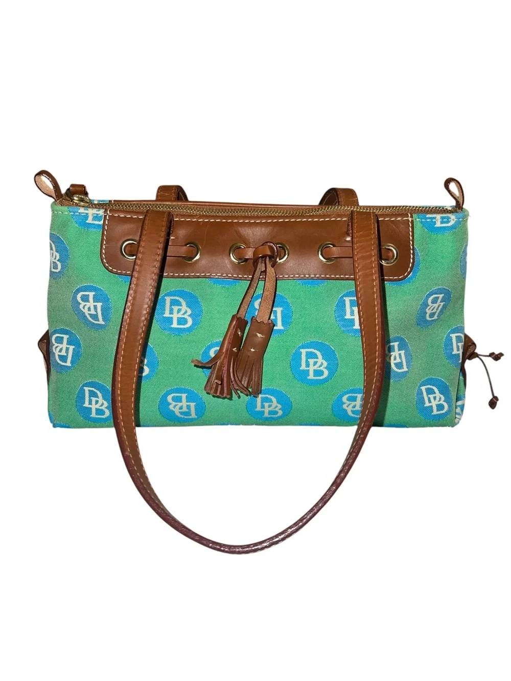 Dooney & Bourke Teal and Turquoise Canvas Shoulder Tote with Brown Leather Trim